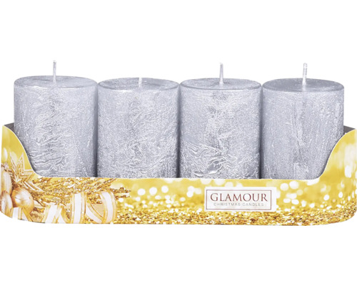 Rustikální metalická adventní svíčka Ø 5 x 8 cm 4 ks stříbrná Čtyři stříbrné sloupové svíčky pro adventní dekorace