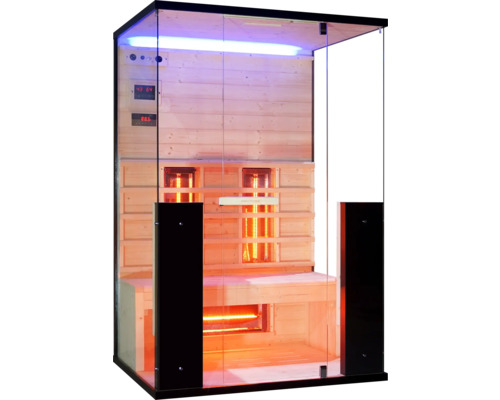 Infračervená sauna se skleněnou přední stranou a dřevěným interiérem
