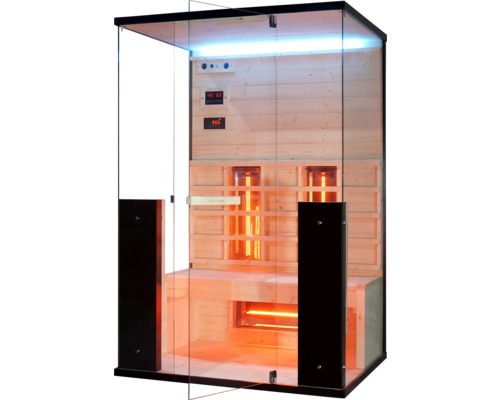 Infračervená sauna se skleněnými prvky a dřevěným obložením