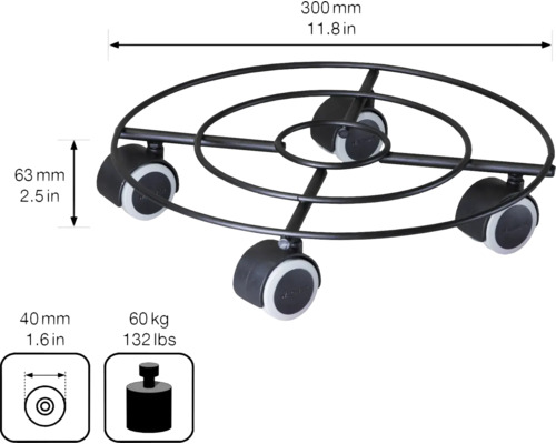 Podstavec na kolečkách se třemi kolečky, průměr 300 mm, nosnost 60 kg