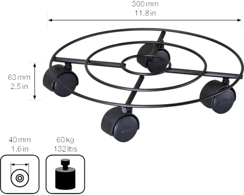 Květinový vozík z kovu, průměr 300 milimetrů, s maximální nosností 60 kilogramů