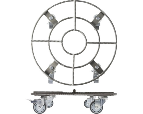 Ocelový vozík na rostliny s kolečky, pohled shora a boční pohled