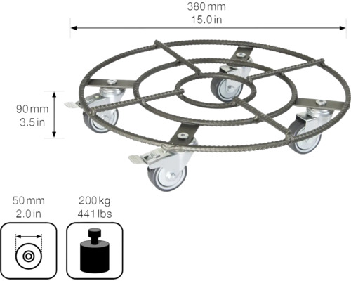 Ocelová podložka s kolečky se čtyřmi kolečky, průměr 380 mm