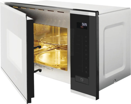 Mikrovlnná trouba s otevřenými dvířky, otočným talířem a ovládacím panelem