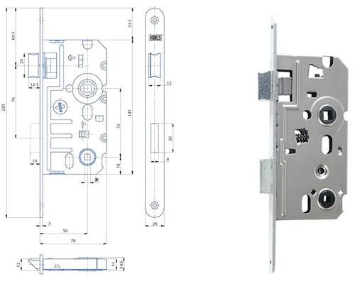 Technický výkres a fotografie dveřního zámku