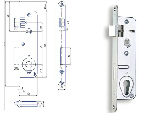 Nákres zadlabacího zámku s rozměry.