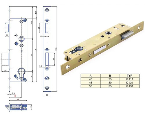 Zadlabací zámek s technickými nákresy a údaji o rozměrech