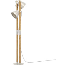Stojací lampa se dvěma kovovými stínidly a dřevěným rámem