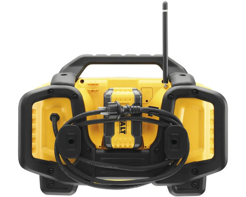 Stavební rádio DeWalt, pohled zezadu s anténou a navíječem kabelu