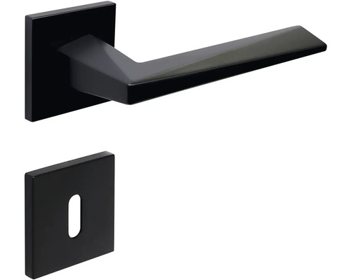 Souprava kliky ke dveřím s hranatou rozetou a klíčovou rozetou