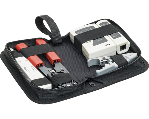 Sada síťových nástrojů v pouzdře s krimpovacími kleštěmi, řezačkou kabelů a testerem kabelů