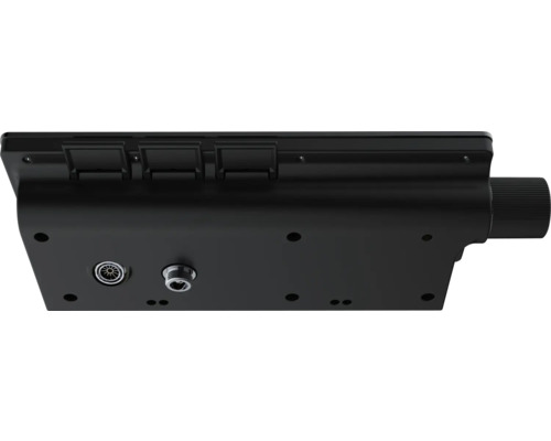 Detailní záběr spodní části elektronické řídicí jednotky s konektory a otočným knoflíkem