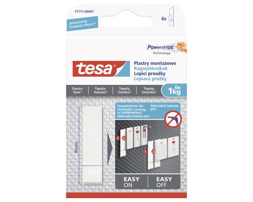 Tesa lepicí proužky na tapety a omítku 6ks, 1kg Lepicí proužky Tesa Powerstrips pro zavěšení předmětů do jednoho kilogramu, šest kusů