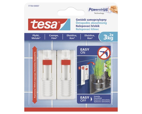 Tesa nalepovací hřebík na dlaždice a kov 2ks, 3kg Tesa Powerstrips Technology samolepicí hřebík pro upevnění na dlaždice a kov, nosnost 3 kilogramy