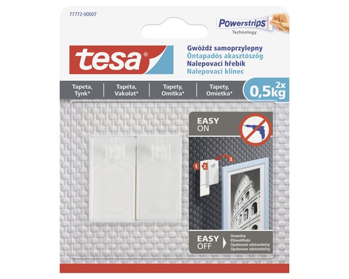 Tesa nalepovací hřebík na tapety a omítku 2ks, 0,5kg Tesa Powerstrips Samolepicí hřebík pro upevnění předmětů na tapety a omítku