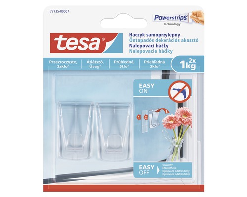 Tesa nalepovací háčky průhledné na sklo 2 ks, nosnost 1 kg Tesa lepicí háčky pro transparentní upevnění na sklo, 2 kusy
