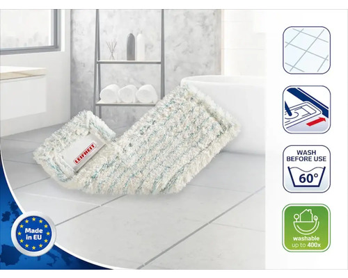 Logo Leifheit. Návlek na mop v koupelně se symboly pro dlaždicovou podlahu, vhodný pro mopovací systém, pratelný na 60 stupňů a až 400krát znovu použitelný a také pečeť Vyrobeno v EU.