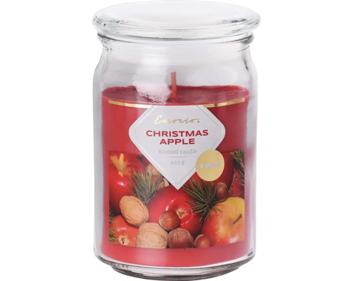 Vánoční vonná svíčka ve skle Emocio 9,3 x 14,2 cm se skleněným víčkem Christmas Apple Vonná svíčka ve sklenici s vůní jablek a vánočního koření, 453 gramů