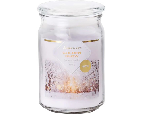 Vánoční vonná svíčka ve skle Emocio 9,3 x 14,2 cm se skleněným víčkem Golden Glow Vonná svíčka ve skle s motivem zimní krajiny
