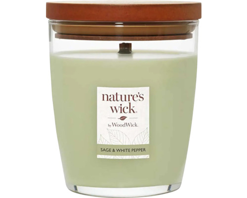 Vonná svíčka ve skle WoodWick Nature's Wick tumbler střední SAGE & WHITE PEPPER 286 g Vonná svíčka Nature''s Wick šalvěj a bílý pepř ve sklenici s dřevěným víčkem