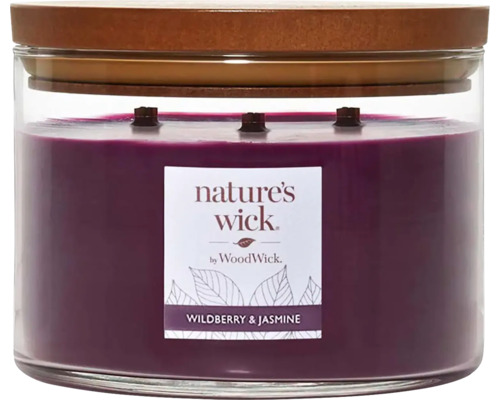 Vonná svíčka ve skle WoodWick Nature's Wick tumbler velký 3 knoty WILDBERRY & JASMINE 433 g Vonná svíčka Nature''s Wick Wildberry & Jasmine ve skle s dřevěným víkem