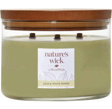 Vonná svíčka Nature''s Wick ve skle s dřevěným víkem a třemi knoty, vůně šalvěj a bílý pepř