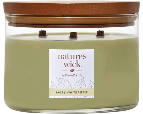 Vonná svíčka Nature''s Wick ve skle s dřevěným víkem a třemi knoty, vůně šalvěj a bílý pepř