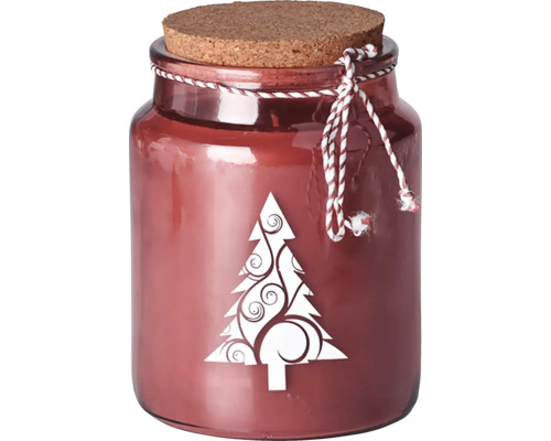 Vánoční svíčka ve skle Emocio s potiskem stromku 9,8 x 13,5 cm s korkovým víčkem Baked Cinnamon červená Dekorativní sklenice s korkovým víčkem a motivem vánočního stromku