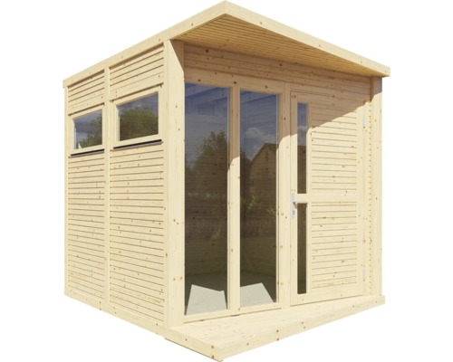 Dřevěný zahradní domek s okny a dveřmi