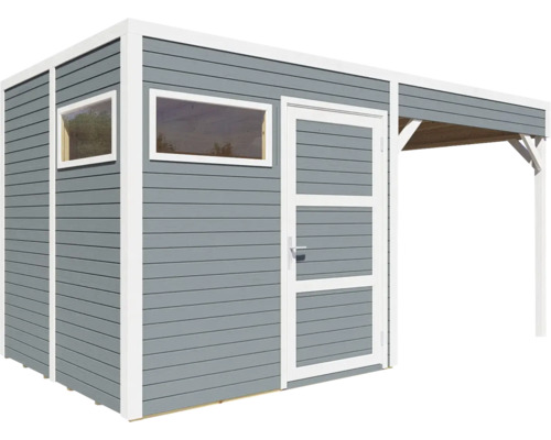 Zahradní domek s dveřmi, okny a zastřešeným prostorem