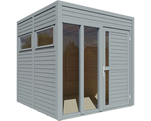 Šedý zahradní domek s okny a dveřmi