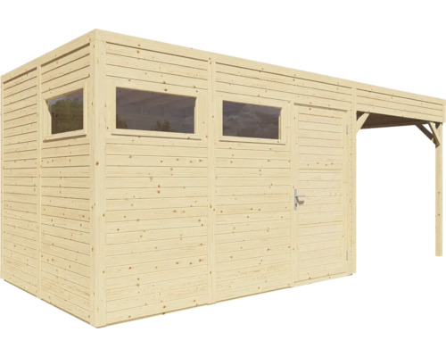 Dřevěný zahradní domek s okny, dveřmi a zastřešením