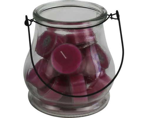 Svícen na čajové svíčky skleněný 12 x 12 cm s 16 růžovými svíčkami