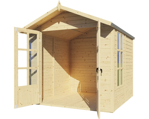 Dřevěný zahradní domek s otevřenými dvoukřídlými dveřmi
