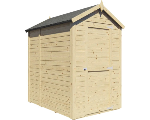 Dřevěný zahradní domek se střešní lepenkou a jedněmi dveřmi.