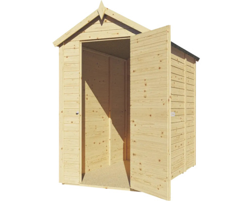 Dřevěný zahradní domek s otevřenými dvoukřídlými dveřmi.