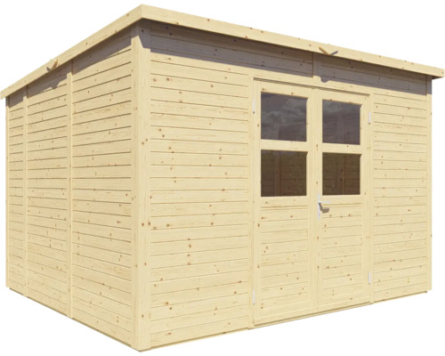 Dřevěný zahradní domek s dvoukřídlými dveřmi a okny