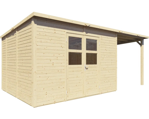 Dřevěný zahradní domek s dvoukřídlými dveřmi a stříškou