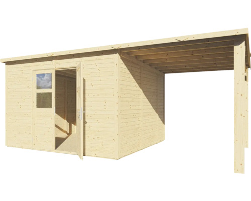 Dřevěný zahradní domek s markýzou a otevřenými dvoukřídlými dveřmi.