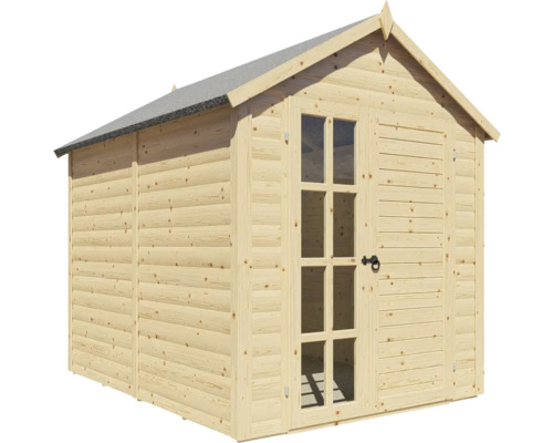 Dřevěný zahradní domek s prosklenými dveřmi a střešní lepenkou