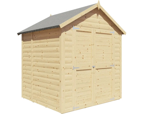 Dřevěný zahradní domek s dvoukřídlými dveřmi a sedlovou střechou