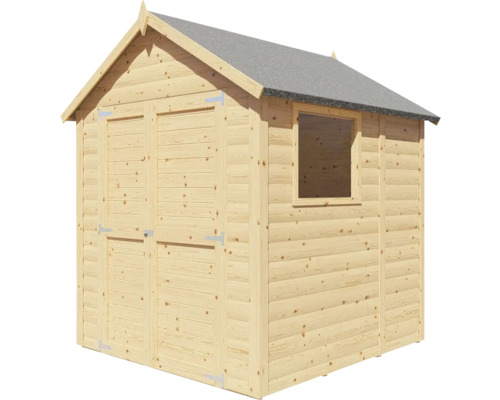 Dřevěný zahradní domek s oknem a dvoukřídlými dveřmi