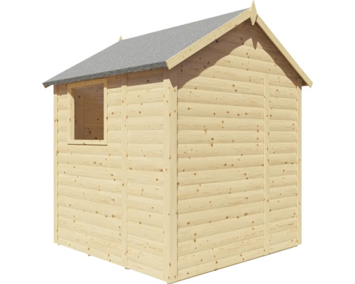 Dřevěný zahradní domek s oknem a šedou střechou