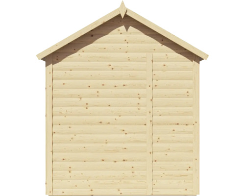 Dřevěný zahradní domek se sedlovou střechou a dveřmi