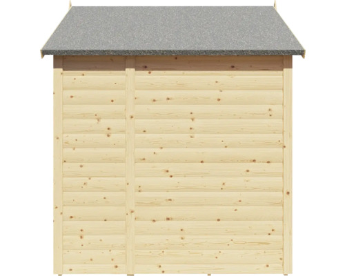 Pohled zezadu na dřevěný zahradní domek s lepenkou