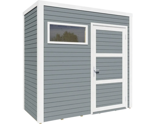 Šedý zahradní domek s oknem a dveřmi