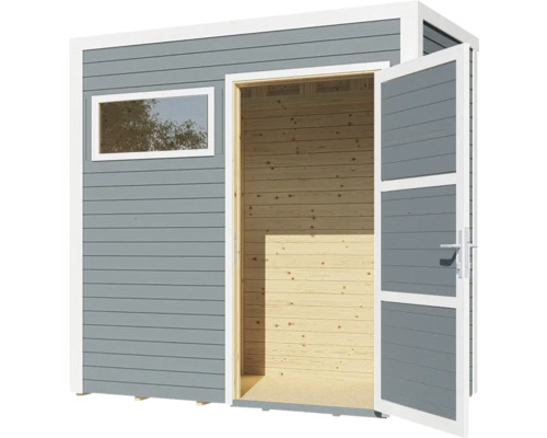 Dřevěný zahradní domek s oknem a otevřenými dvoukřídlými dveřmi