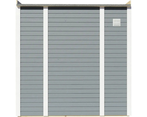 Vnější pohled na zahradní domek s dřevěným obkladem a ventilací