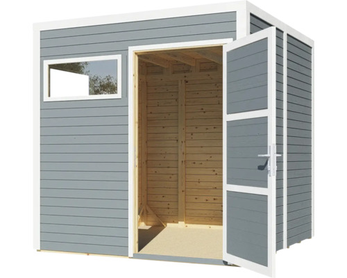 Zahradní domek s oknem a otevřenými dvoukřídlými dřevěnými dveřmi