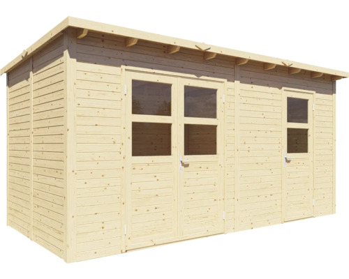 Dřevěný zahradní domek s okny a dveřmi